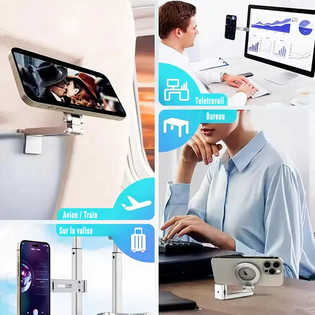Support Téléphone Avion Pliable Universel – iPhone, Samsung, Pixel, MagSafe – Portable, Stable, Idéal Voyage & Bureau