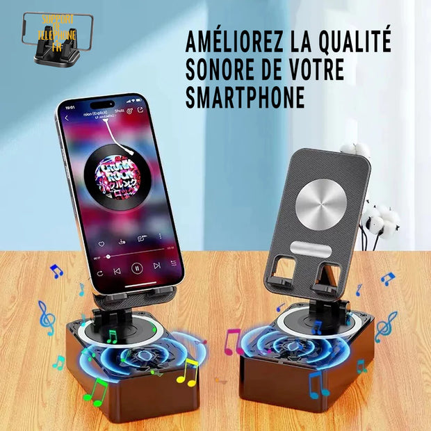 Support Téléphone avec Haut-Parleur Bluetooth – Son Puissant et Base Antidérapante