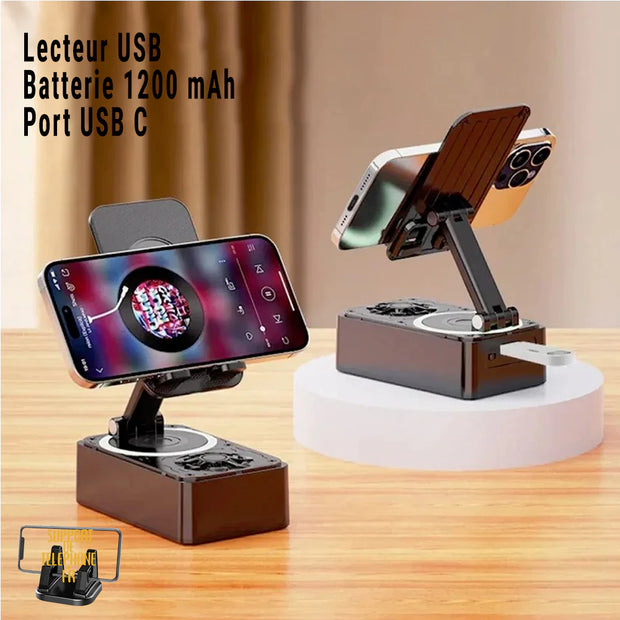 Support Téléphone avec Haut-Parleur Bluetooth – Son Puissant et Base Antidérapante