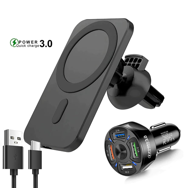 Support Téléphone Voiture Magnétique avec Chargeur Sans Fil 15W – Fixation Grille d’Aération, Rotation 360° – Compatible iPhone 12 à 15 Pro Max