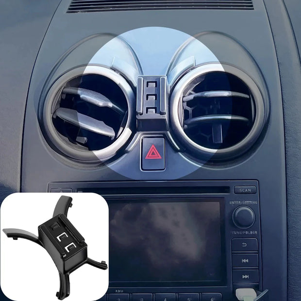 Support téléphone Nissan Qashqai J10 (2007 à 2013) – Fixation entre grilles d’aération, maintien par gravité, verrouillage mécanique