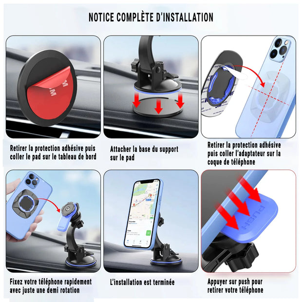 Support Téléphone Voiture à Ventouse – Fixation Rapide Quart de Tour, Rotation 360° et Bras Inclinable