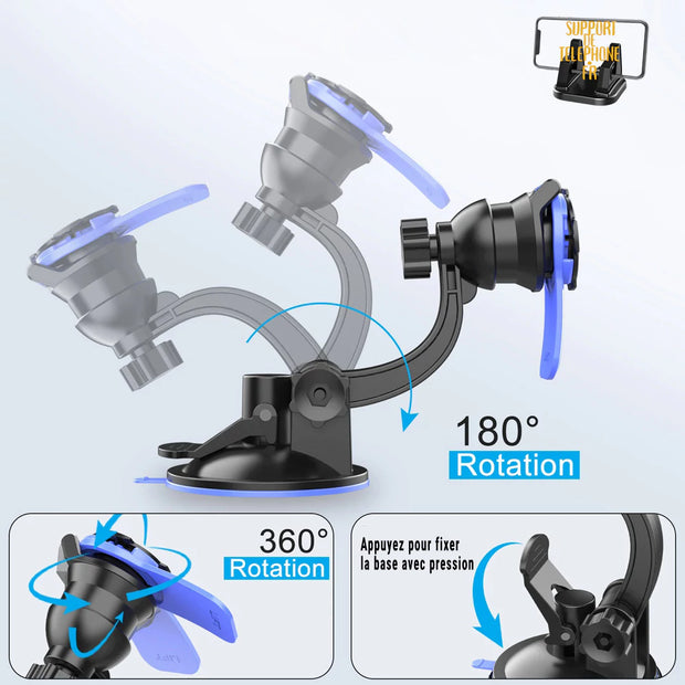 Support Téléphone Voiture à Ventouse – Fixation Rapide Quart de Tour, Rotation 360° et Bras Inclinable