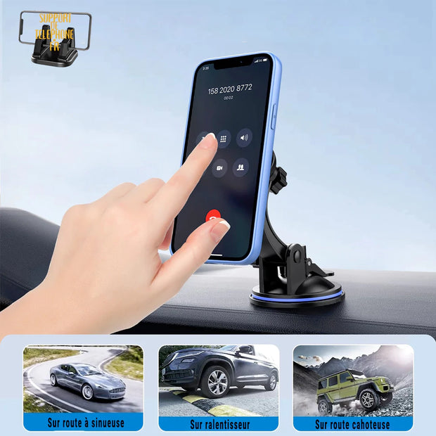 Support Téléphone Voiture à Ventouse – Fixation Rapide Quart de Tour, Rotation 360° et Bras Inclinable