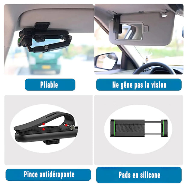 Support Téléphone Voiture Pare-Soleil 360° – Universel, Rotation Multi-Angles, Compatible iPhone & Android