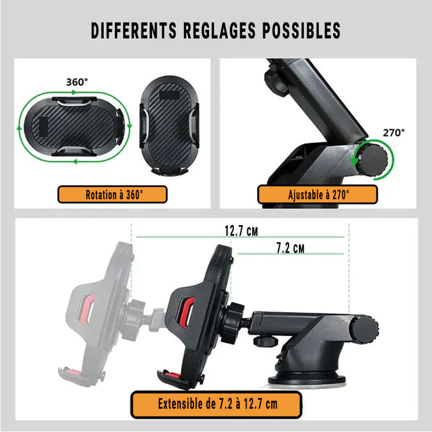 Support Téléphone Voiture Universel – Ventouse + Clip – Pare-Brise / Tableau de Bord
