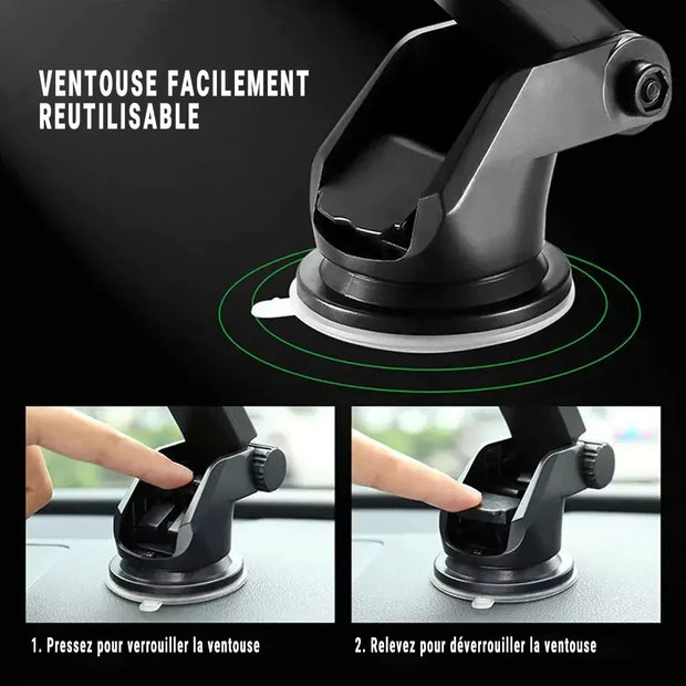Support Téléphone Voiture Universel – Ventouse + Clip – Pare-Brise / Tableau de Bord