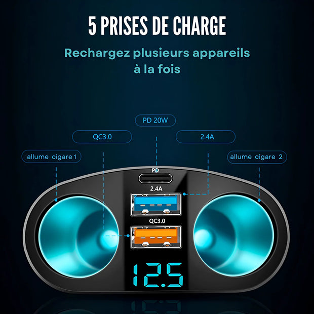 Prise allume cigare USB 120 W 3 Ports